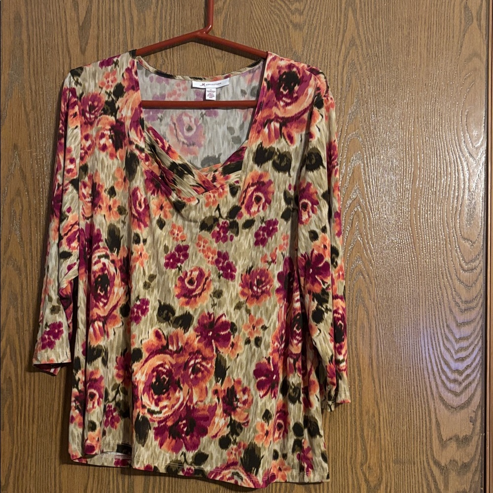 JM Collection Floral Blouse - Pink and Cream Size XL